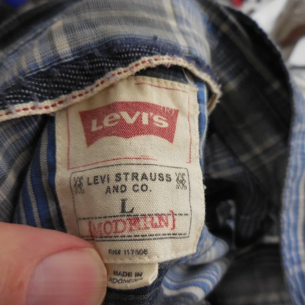 Levis Mens Blue Grey Plaid Modern Western Pearl Snap Long Sleeve Shirt Large